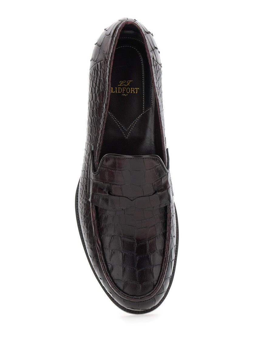 Lidfort Textured Crocodile Pattern Burgundy Loafers