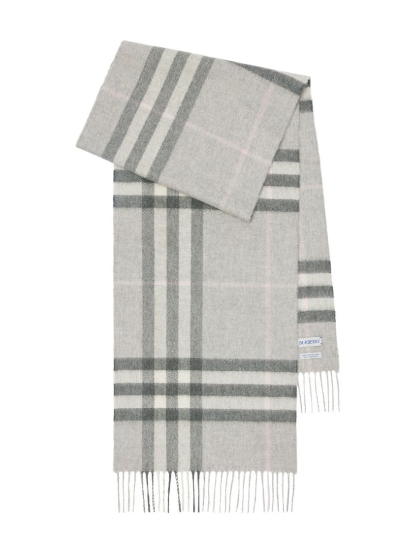 Burberry Grey Check Cashmere Delicate Fringes Scarf