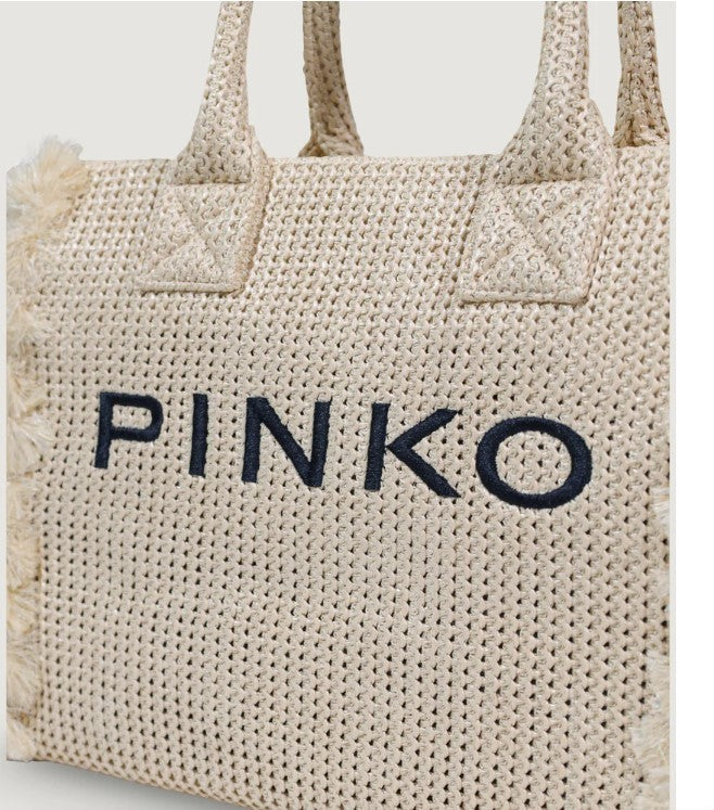 Pinko Beach Shopper Embroidered Raffia Bag