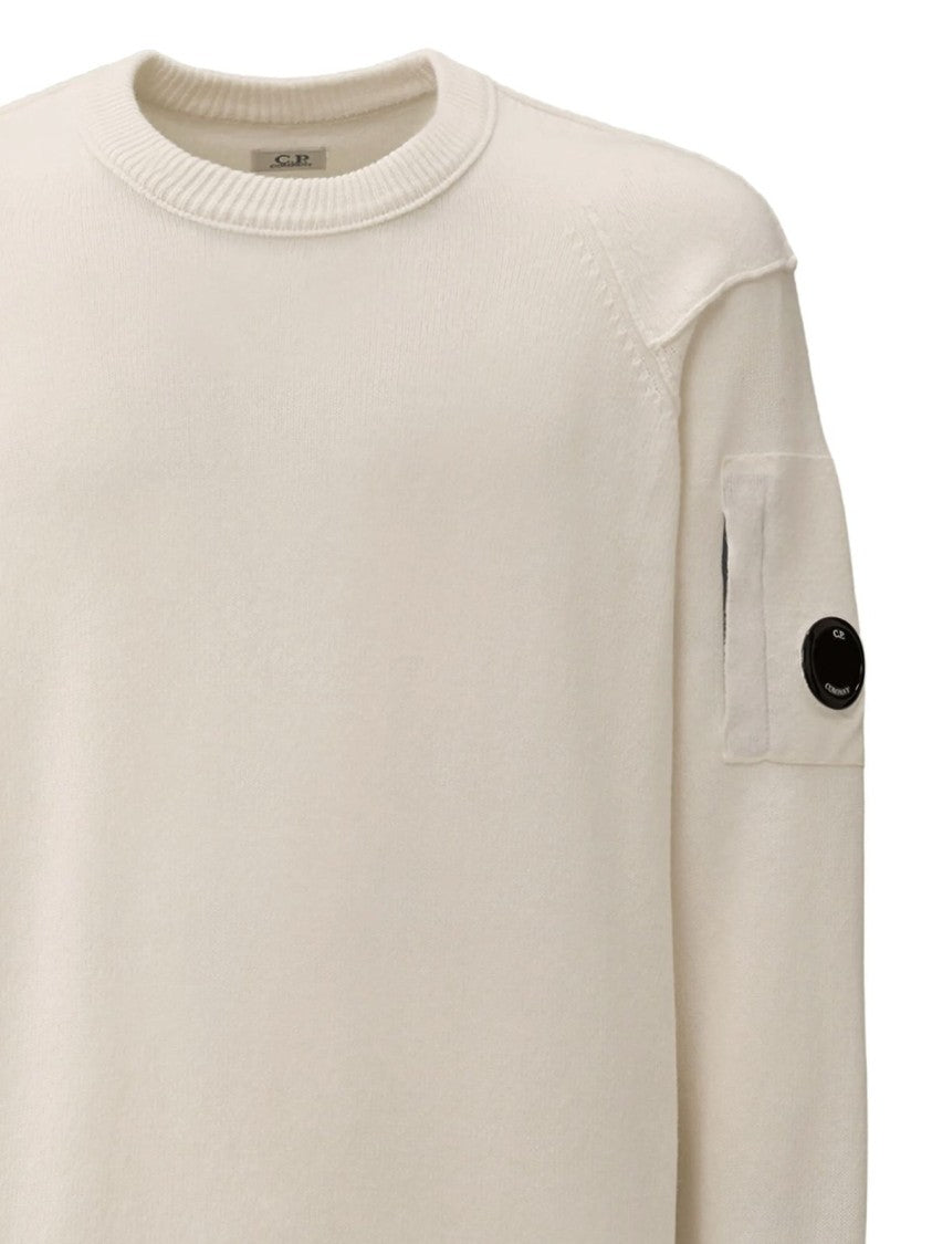 C.P. Company Minimalist White Wool Sweater With Emblem Detail