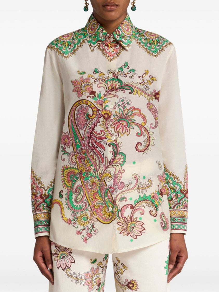 Etro Button-Down White Shirt With Floral Embroidery