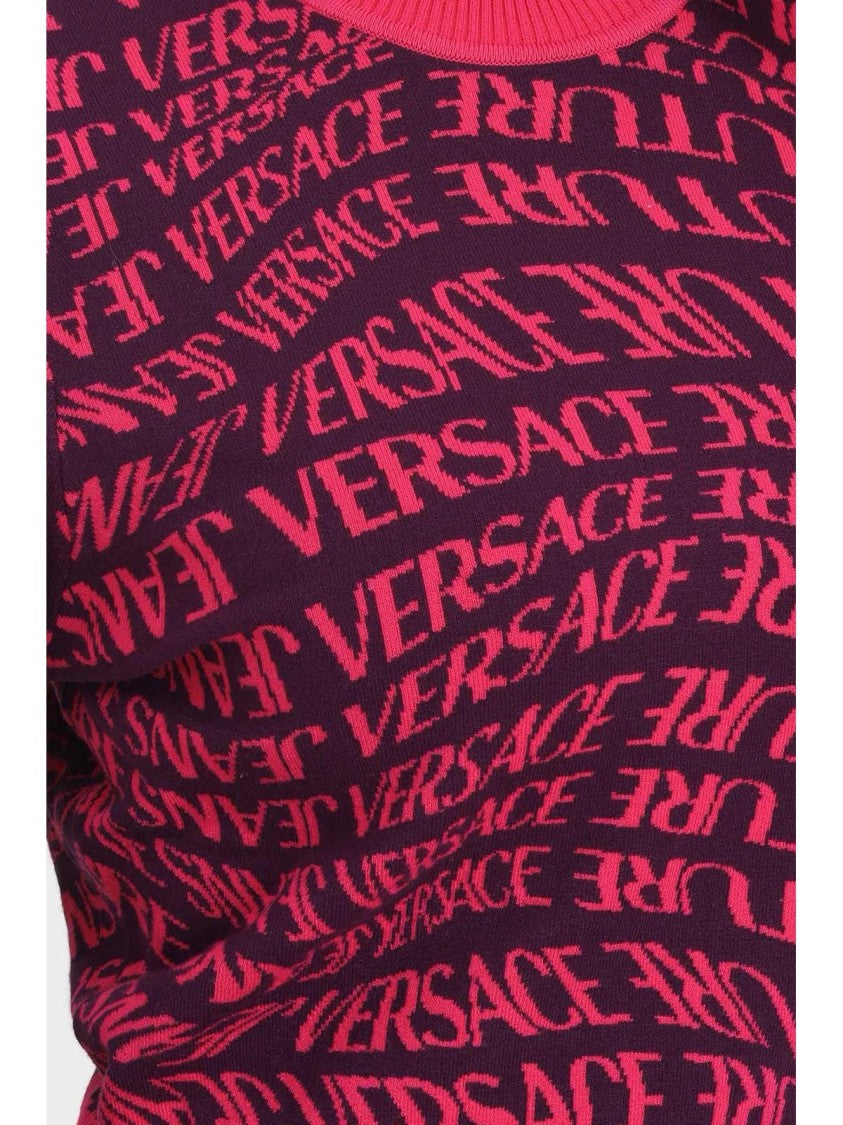 Versace Jeans Couture Short Crew Neck Sweater With Contrasting Pattern And Ribbed Details