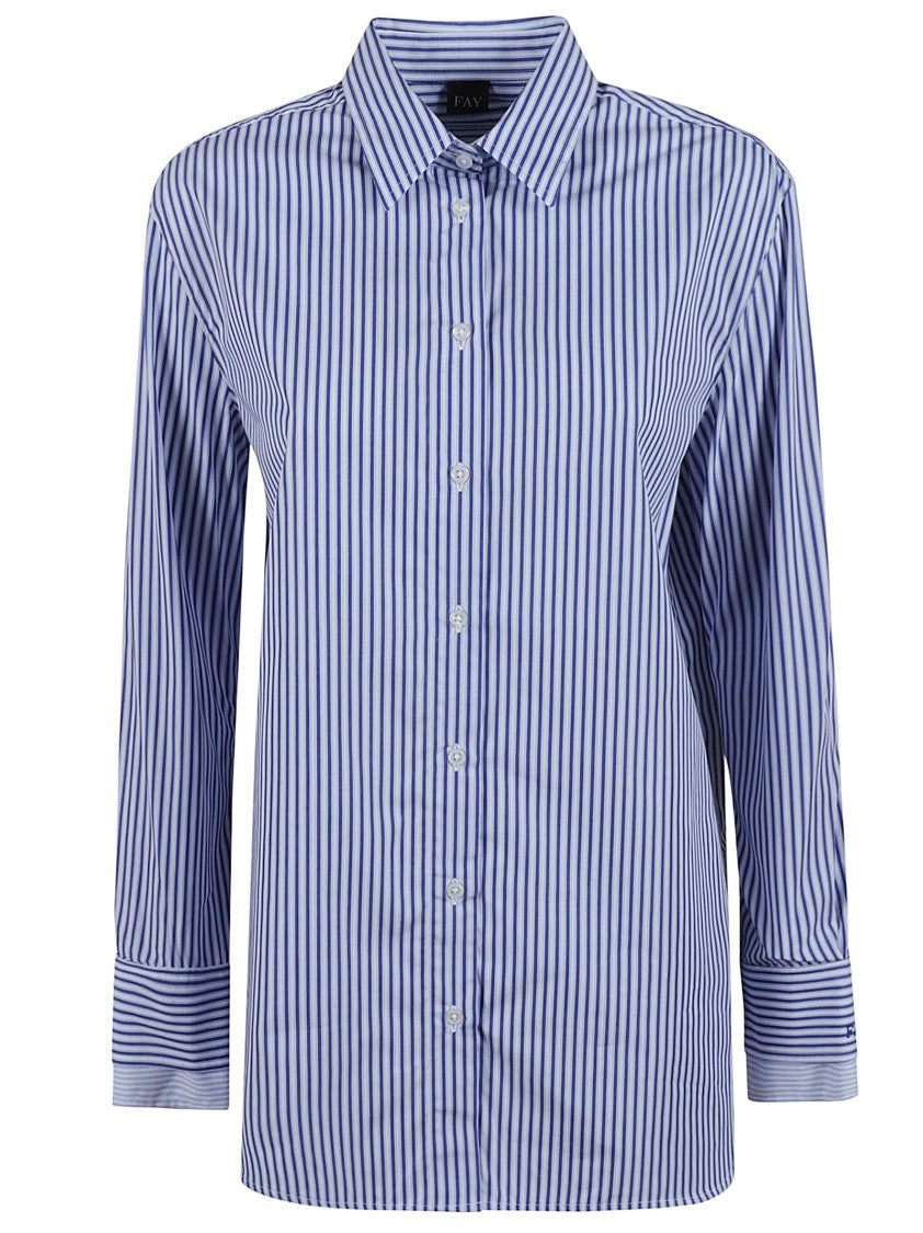 Fay Blue Vertical Stripe Cotton Shirt With Button-Down Front