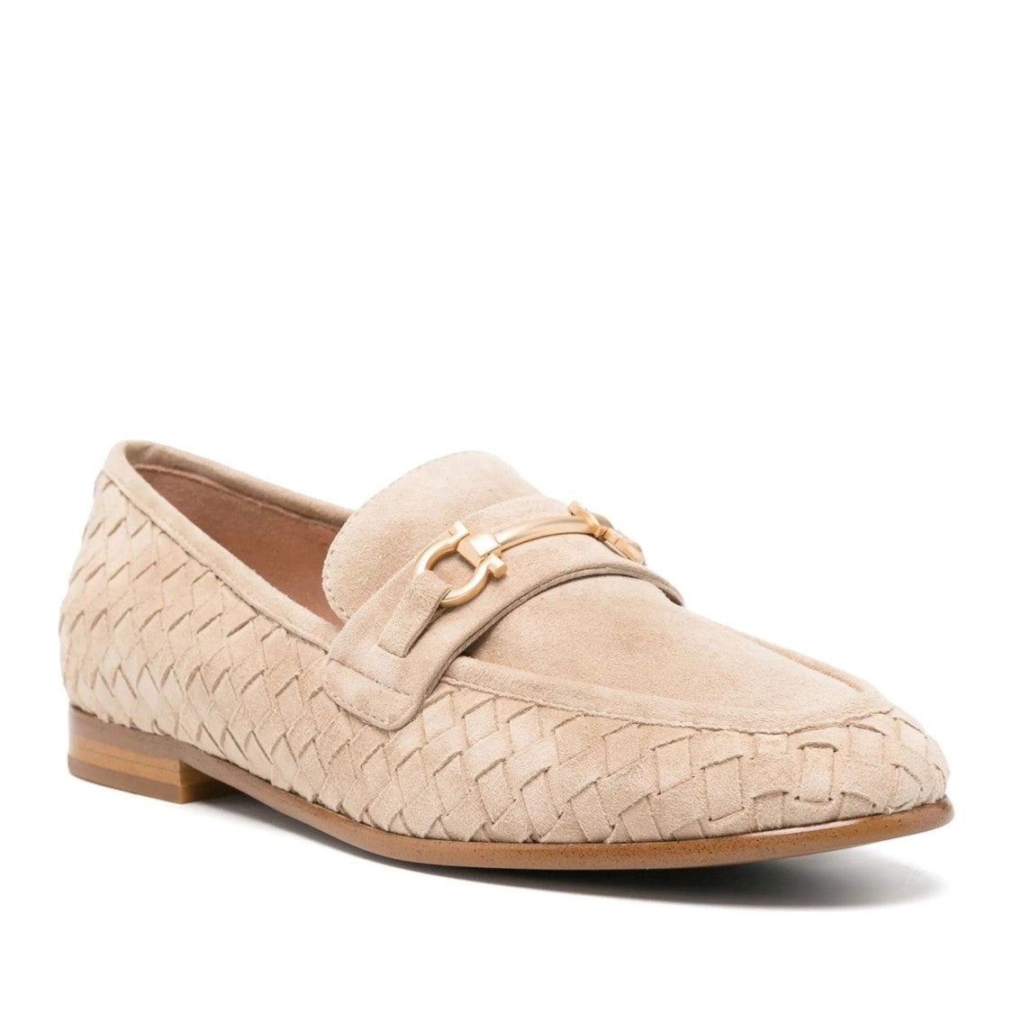 Adrianna Feretti Beige Woven Gold-Tone Bit Suede Loafers