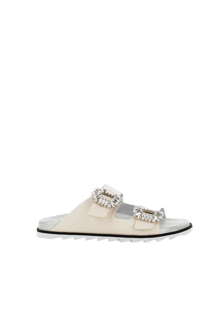 Roger Vivier Ornate White Sandals With Textured Sole And Silver Accents