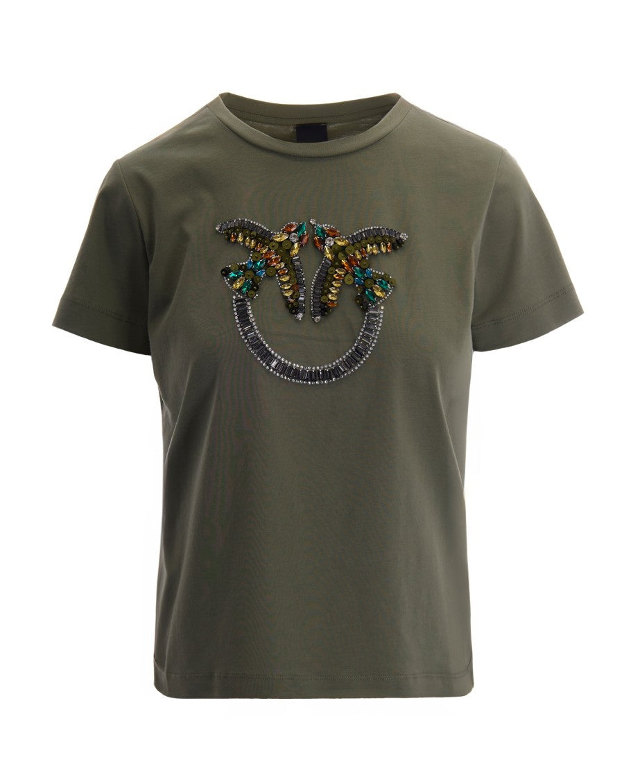 Pinko Logo Love Birds Decorated Green T-Shirt