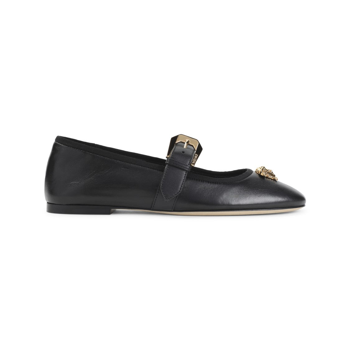 Versace Pointed Toe Black Leather Flats With Gold Medusa Accents