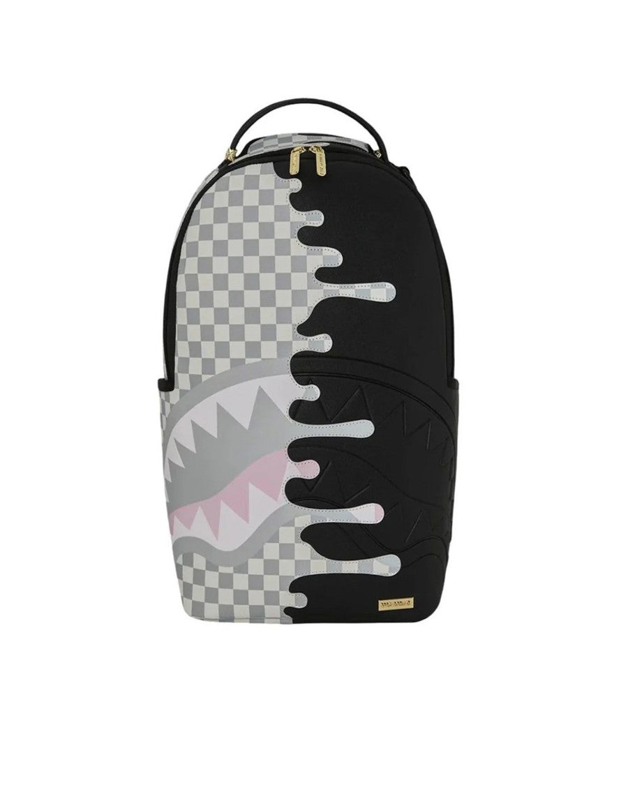 Sprayground Cream Checkered Backpack With Dripping Design And Gold Hardware