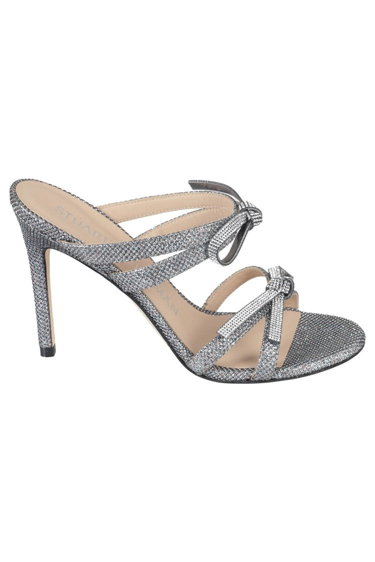 Stuart Weitzman Silver Glitter Slide Sandal With Bow Accents
