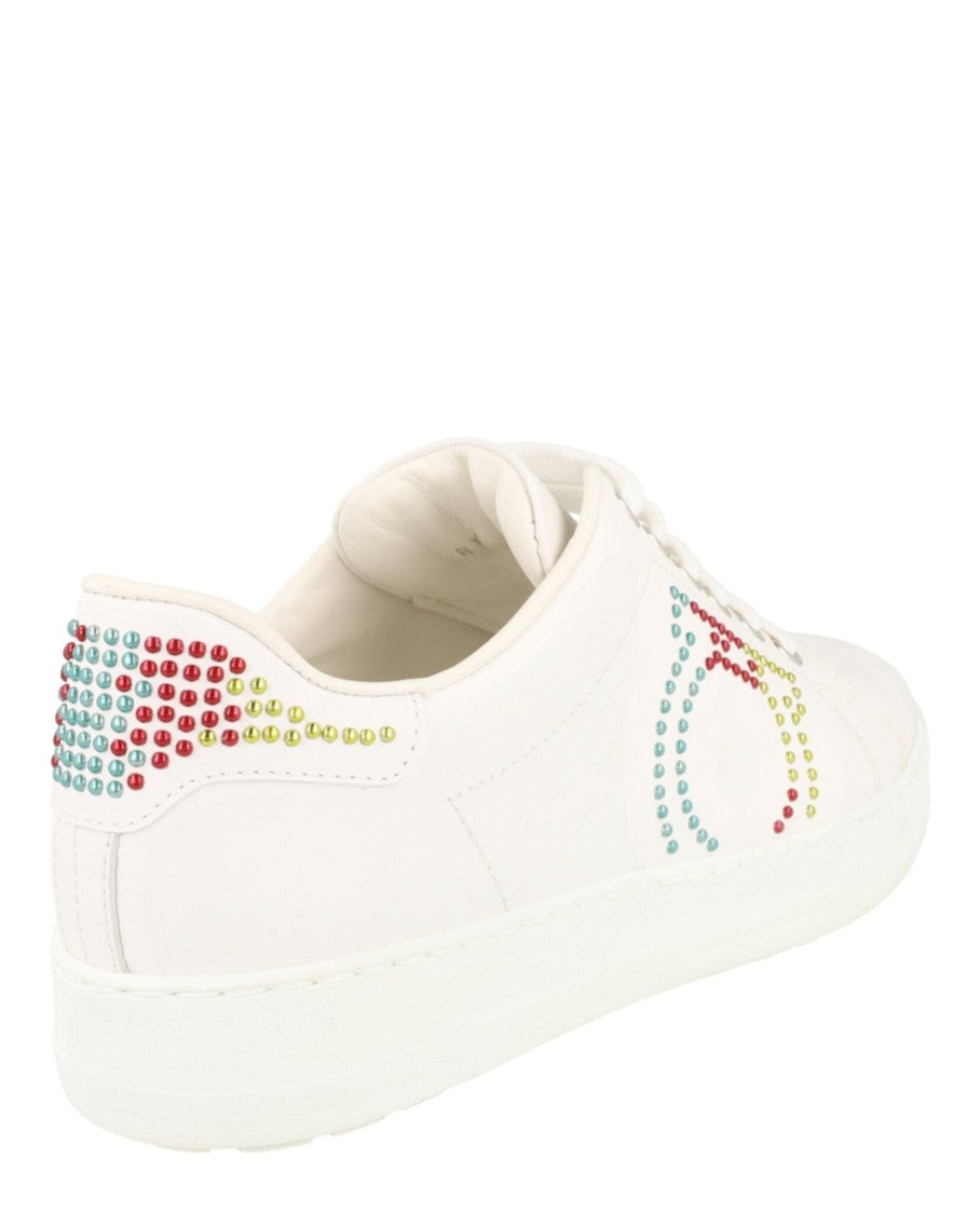 Ferragamo Leather Sneakers With Almond Toe And Studded Design