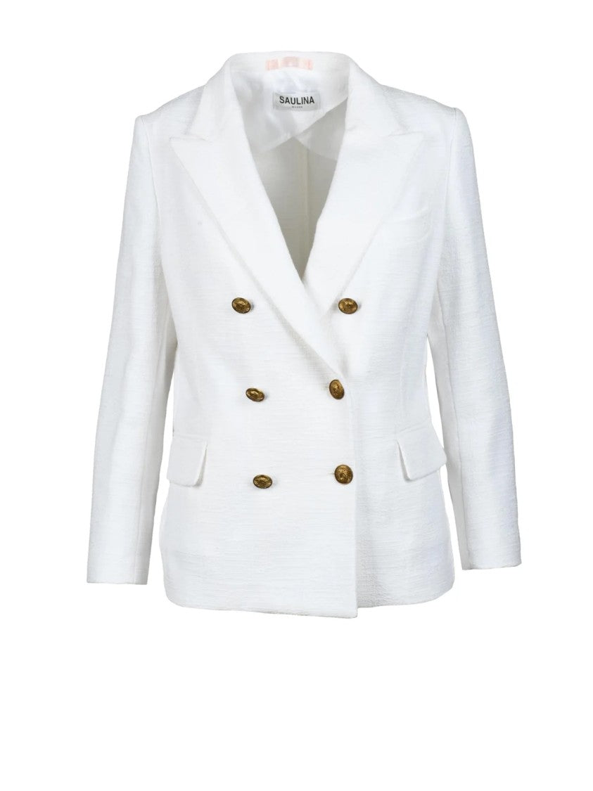 Saulina White Double-Breasted Gold Button Cotton Blazer