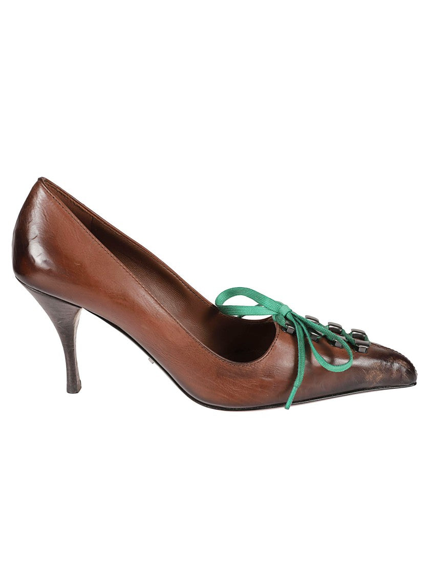 Prada Pointed-Toe Brown Leather Pumps With Green Lace-Up Detail