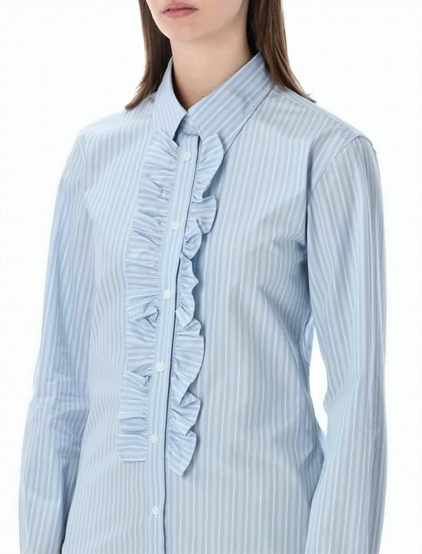 Ami Paris Light Blue Striped Shirt With Ruffled Placke
