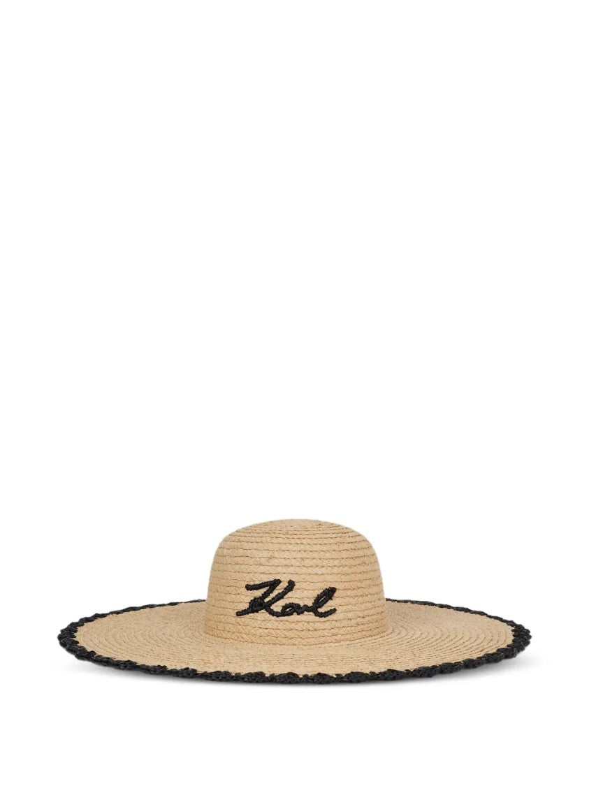 Karl Lagerfeld Wide-Brimmed Natural Straw Hat With Embroidered Signature