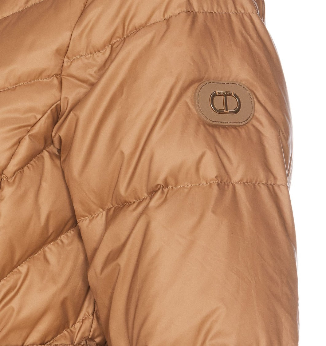 Twin-Set Mid-Length Brown Puffer Coat With Belted Waist