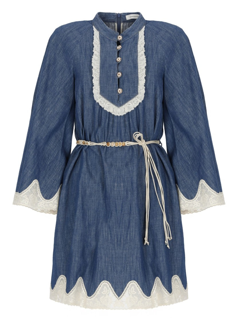 Zimmermann Denim Mini Dress With Scalloped Lace Detailing