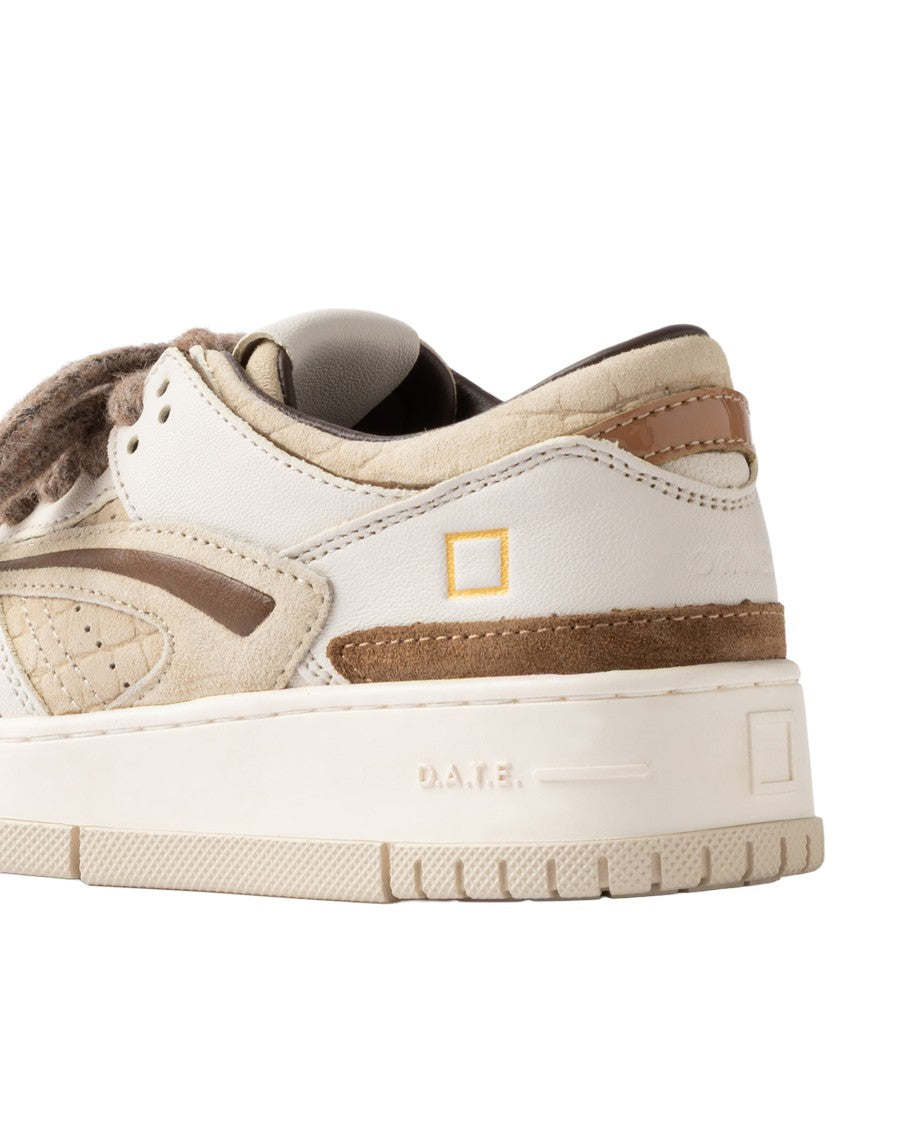 D.A.T.E Beige Crocodile Texture Suede Torneo Sneakers
