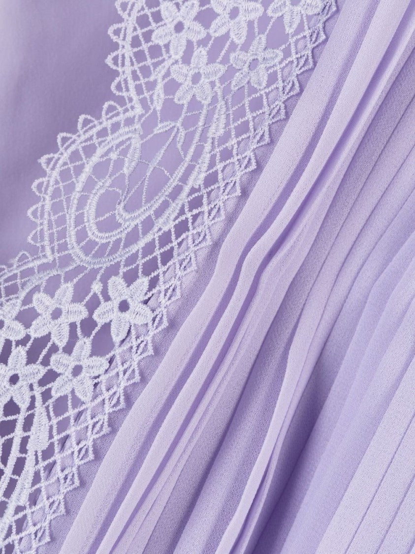 Self-Portrait Delicate Lilac Chiffon Mini Dress With Lace Trim And Pleated Design