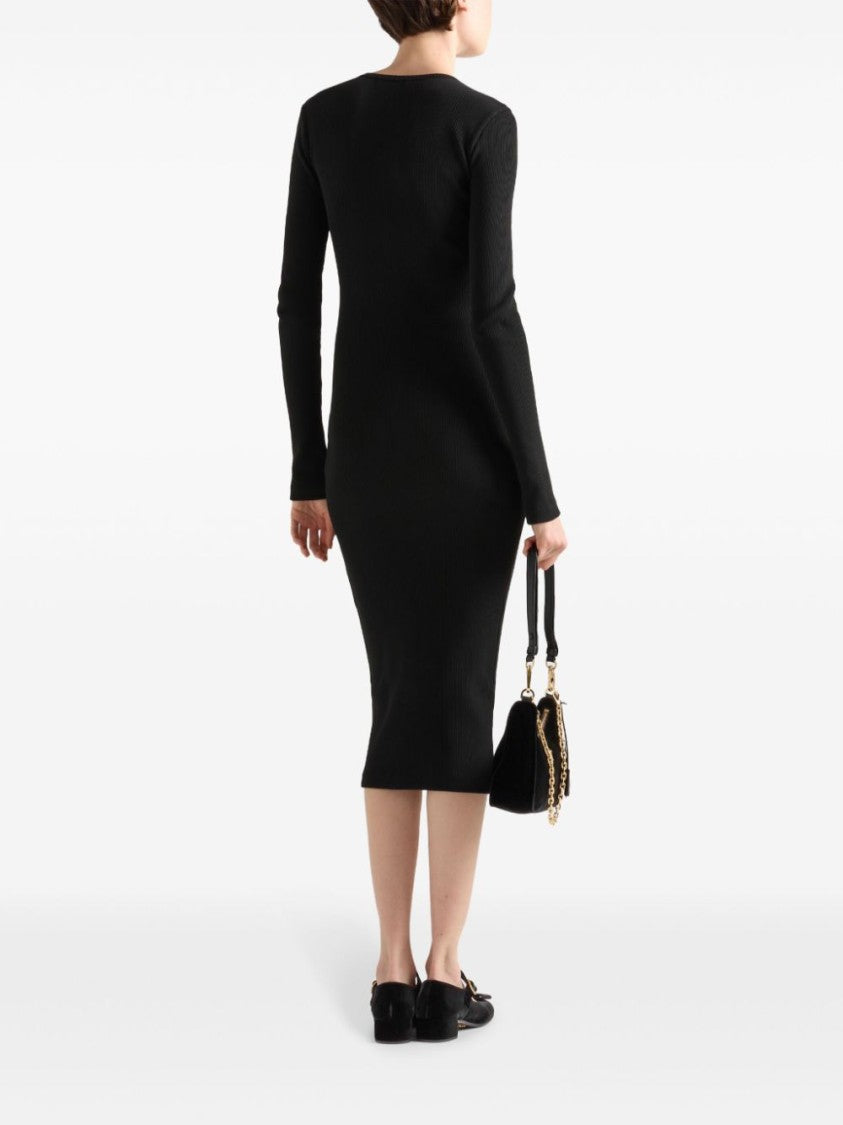 Prada Fitted Black Midi Dress With Ribbed Texture And Logo Detail