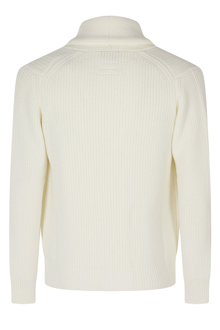 Drumohr Cream Shawl Collar Ribbed Knit Virgin Wool Cardigan