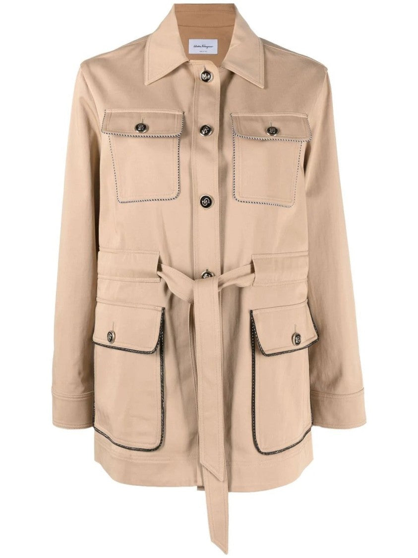 Salvatore Ferragamo Long Beige Jacket With Structured Collar And Tailored Silhouette