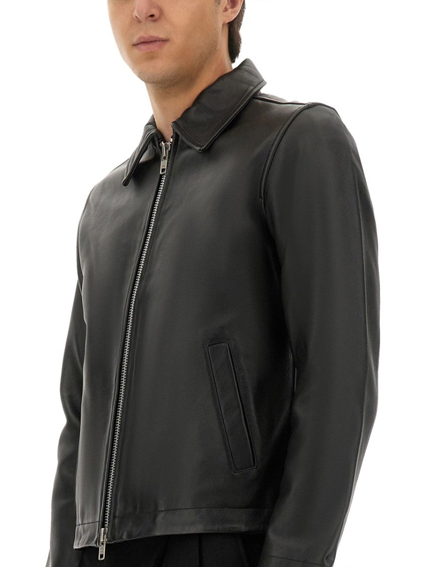 Sunflower Cropped Black Leather Jacket With Classic Collar