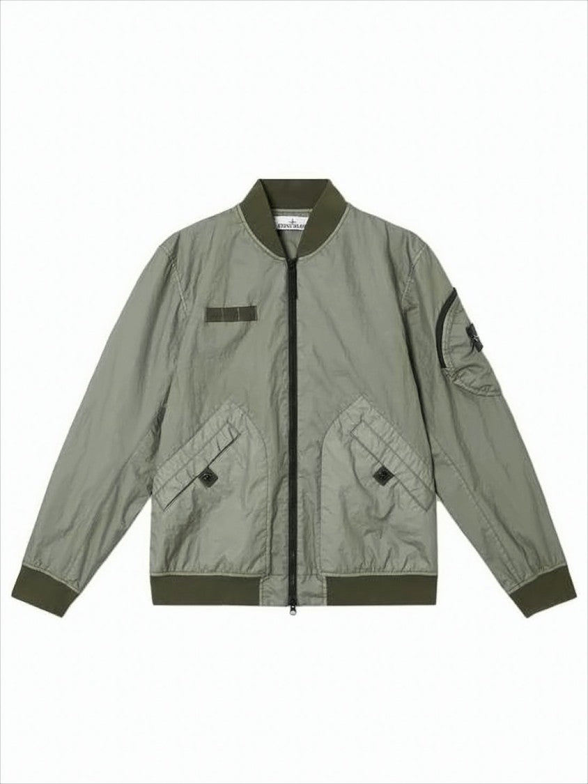 Stone Island Lightweight Crinkled Texture Bomber Jacket With Flap Pockets