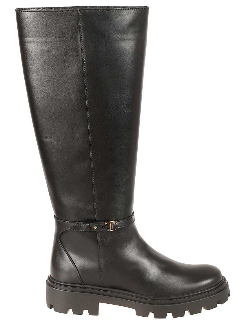 Tod's Tall Calfskin Boots With Gold-Tone Buckle
