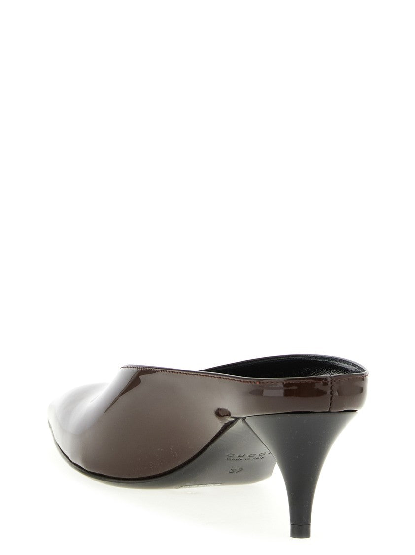 Gucci Brown Patent Leather Mules With Pointed Toe And Slender Heel