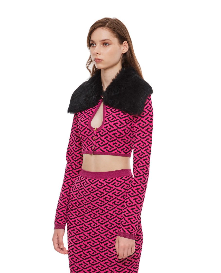 Versace Cropped Knitted Sweater With Faux Fur Collar