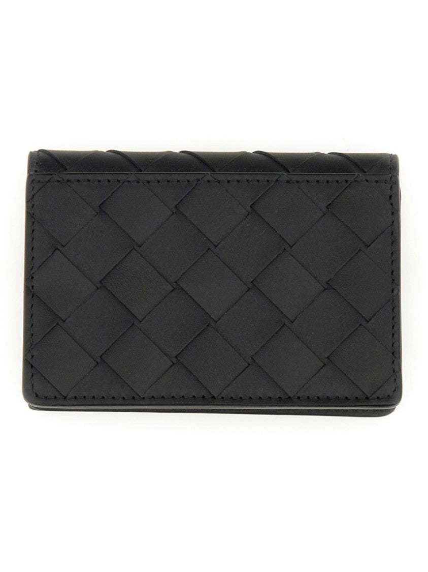 Bottega Veneta Woven Leather Card Holder With Snap Button Closure