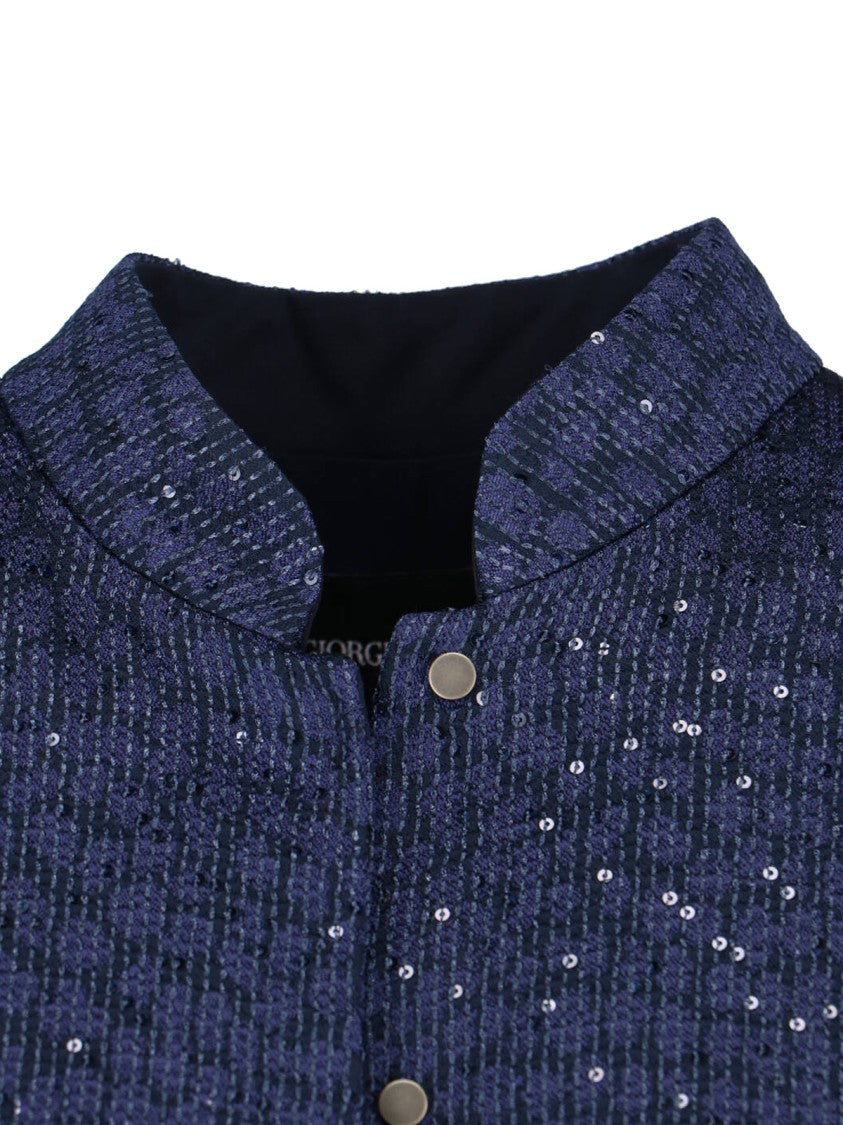 Giorgio Armani Navy Single-Breasted Sequin Mandarin Jacket