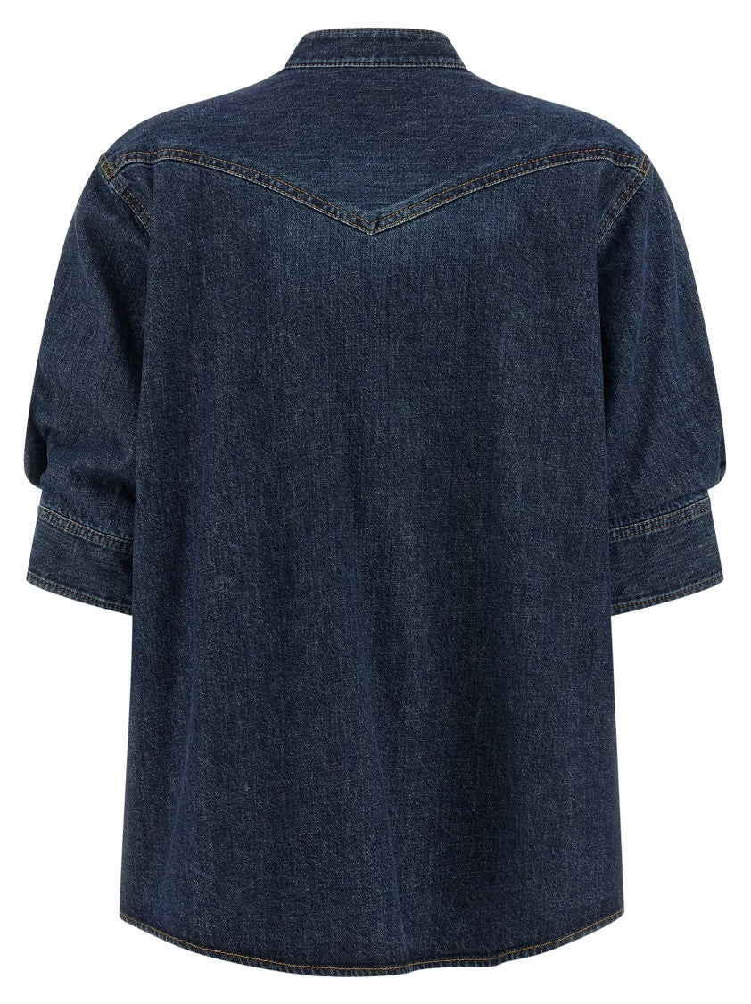 Sacai Shirt-Style Denim And Cotton Blend Top With Puff Sleeves