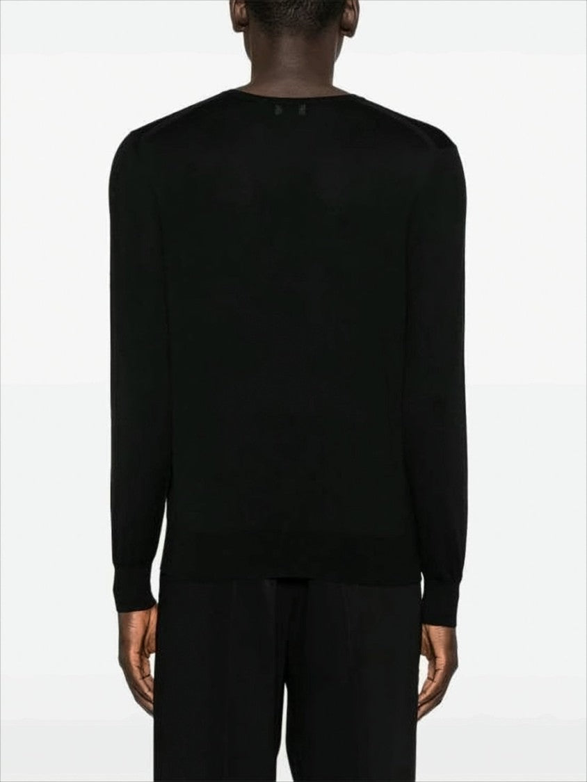 Saint Laurent Crew Neck Black Wool Sweater With Ribbed Detail