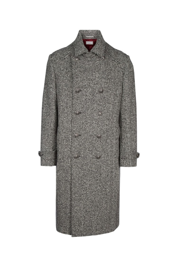 Brunello Cucinelli Double-Breasted Herringbone Overcoat With Wide Lapels