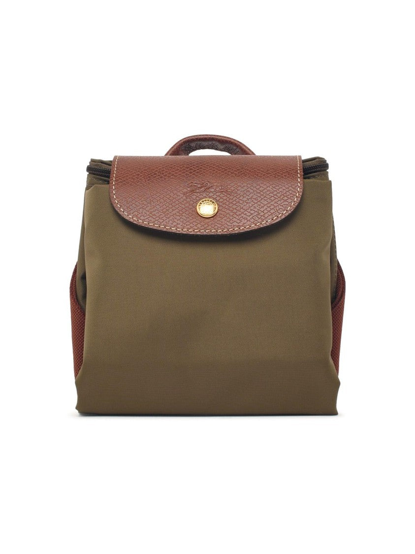 Longchamp Compact Olive Tela Backpack With Leather Flap And Adjustable Straps