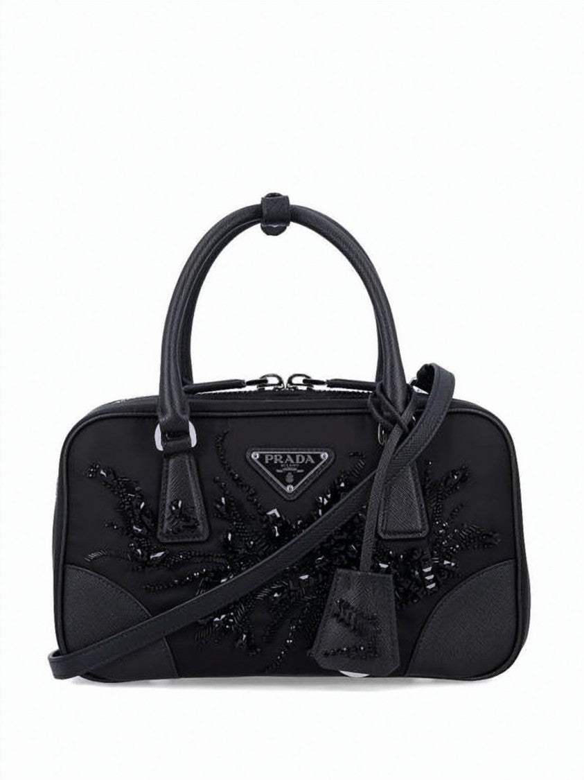 Prada Embellished Nylon Tote Bag With Leather Accents