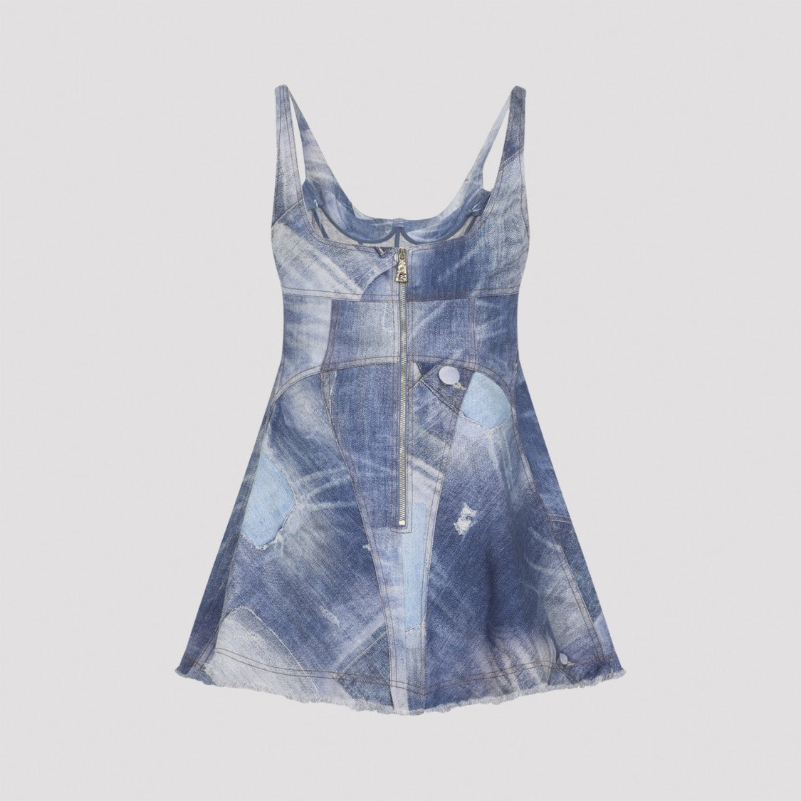 Roberto Cavalli Mini Denim Patchwork Dress With Structured Cups And Frayed Hem