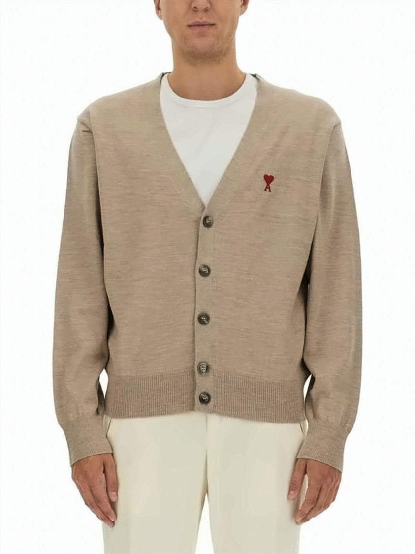 Ami Paris Merino Wool Cardigan With V-Neck And Emblem