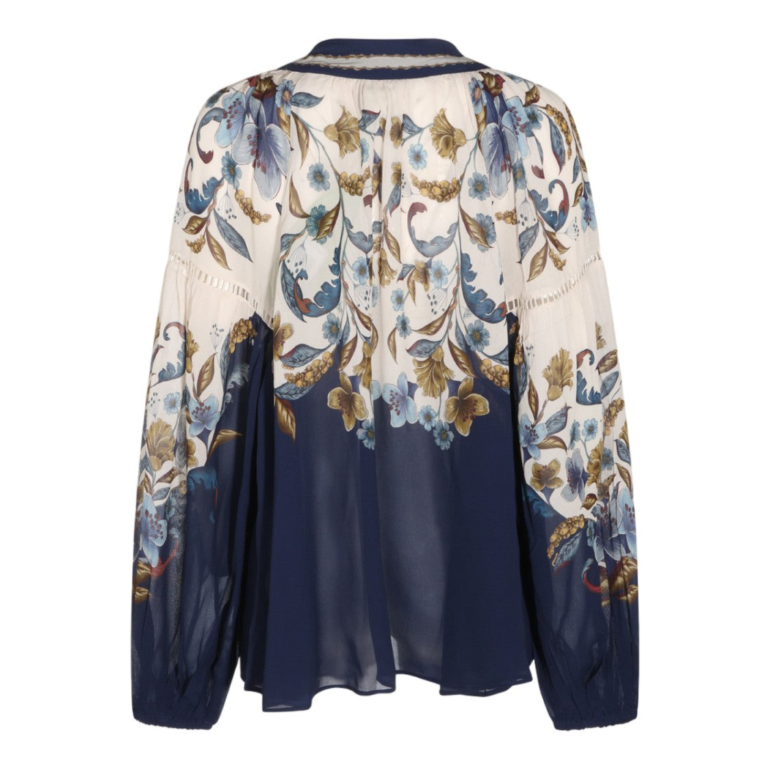 Farm Rio Sheer Floral Puffed Sleeve Tie Neck Blouse