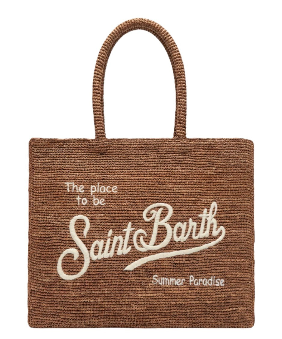 Mc2 Saint Barth Textured Brown Woven Tote Bag With Embroidered Statement