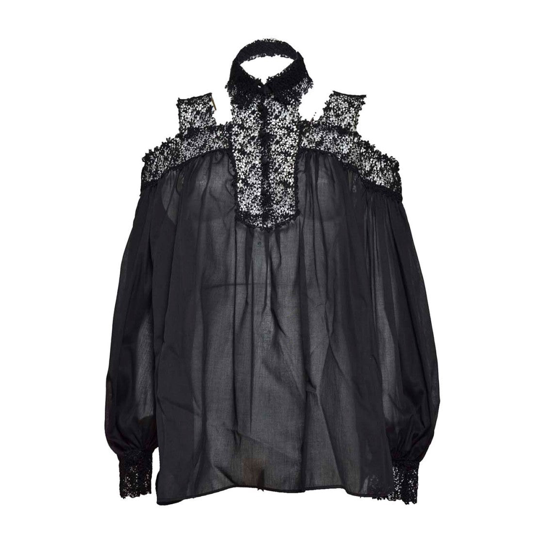 Ermanno Scervino Black Silk Blouse With Floral Lace Inserts