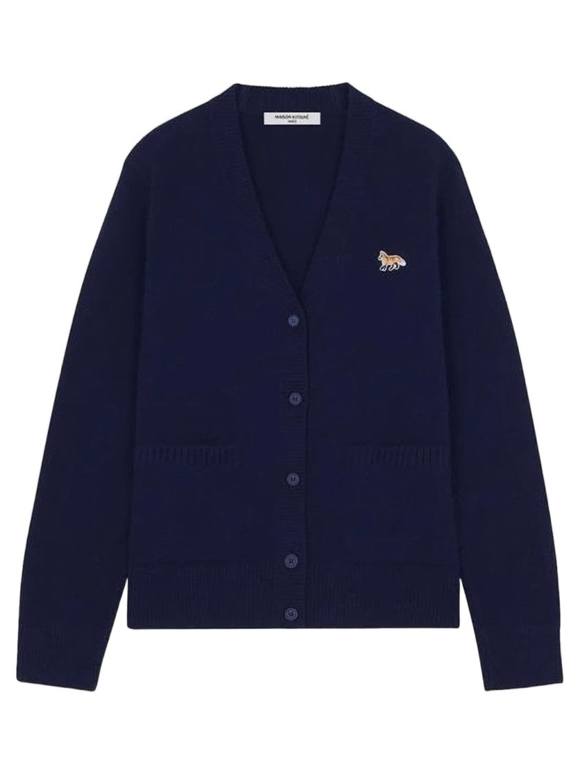 Maison Kitsuné Cropped Blue Wool Cardigan With V-Neck