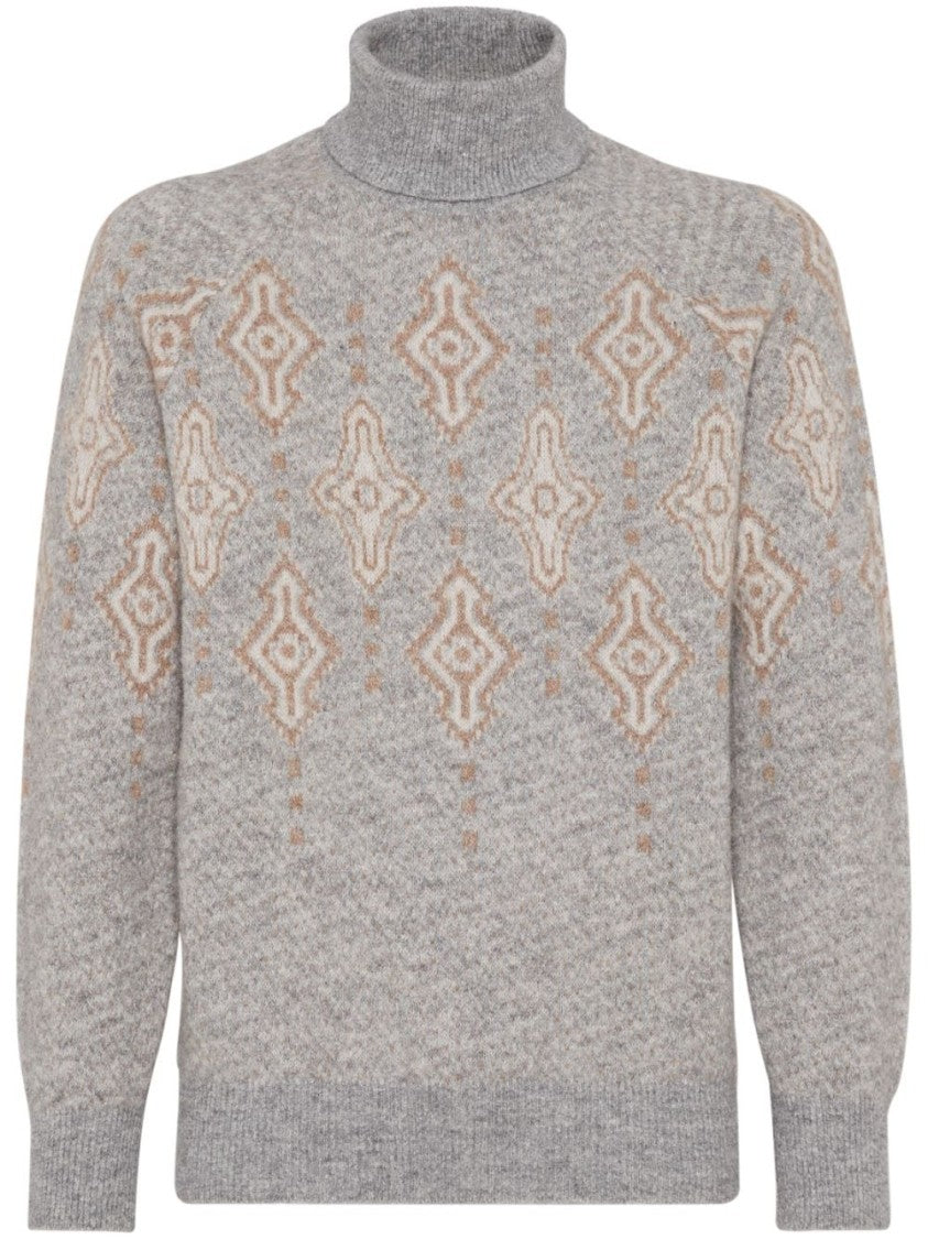 Brunello Cucinelli Luxurious Wool-Cotton Blend Sweater With Elegant Pattern And High Neck Design