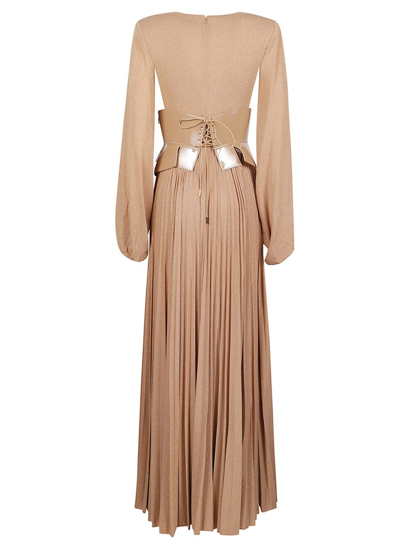 Elisabetta Franchi Pleated Long Dress With Glossy Corset Belt