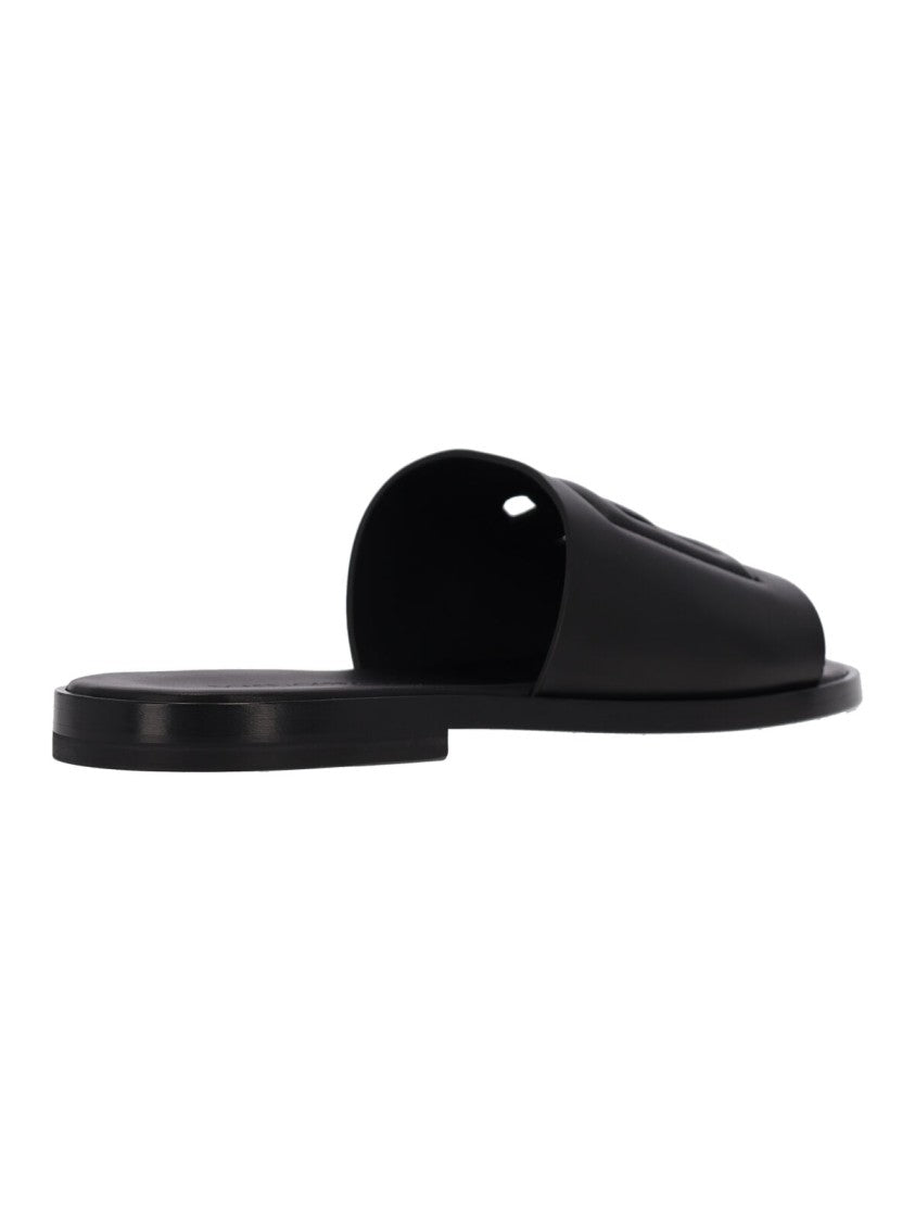 Dolce & Gabbana Black Leather Logo Slides Sandals