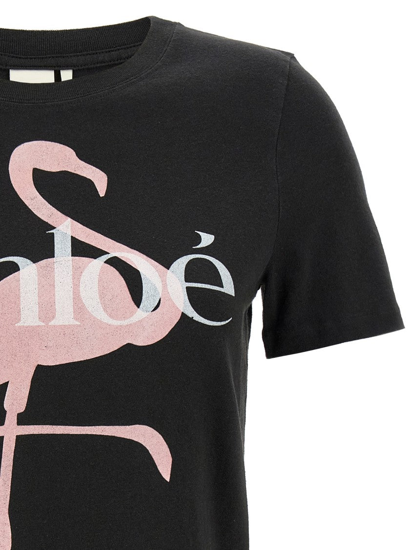 Chloé Graphic Black Cotton Jersey T-Shirt With Flamingo Print