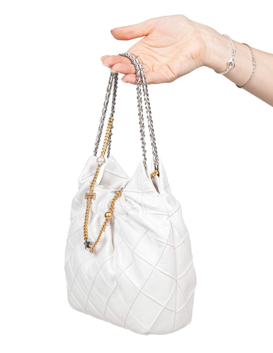 Tory Burch Mini Fleming Nappa Hobo Bag, White