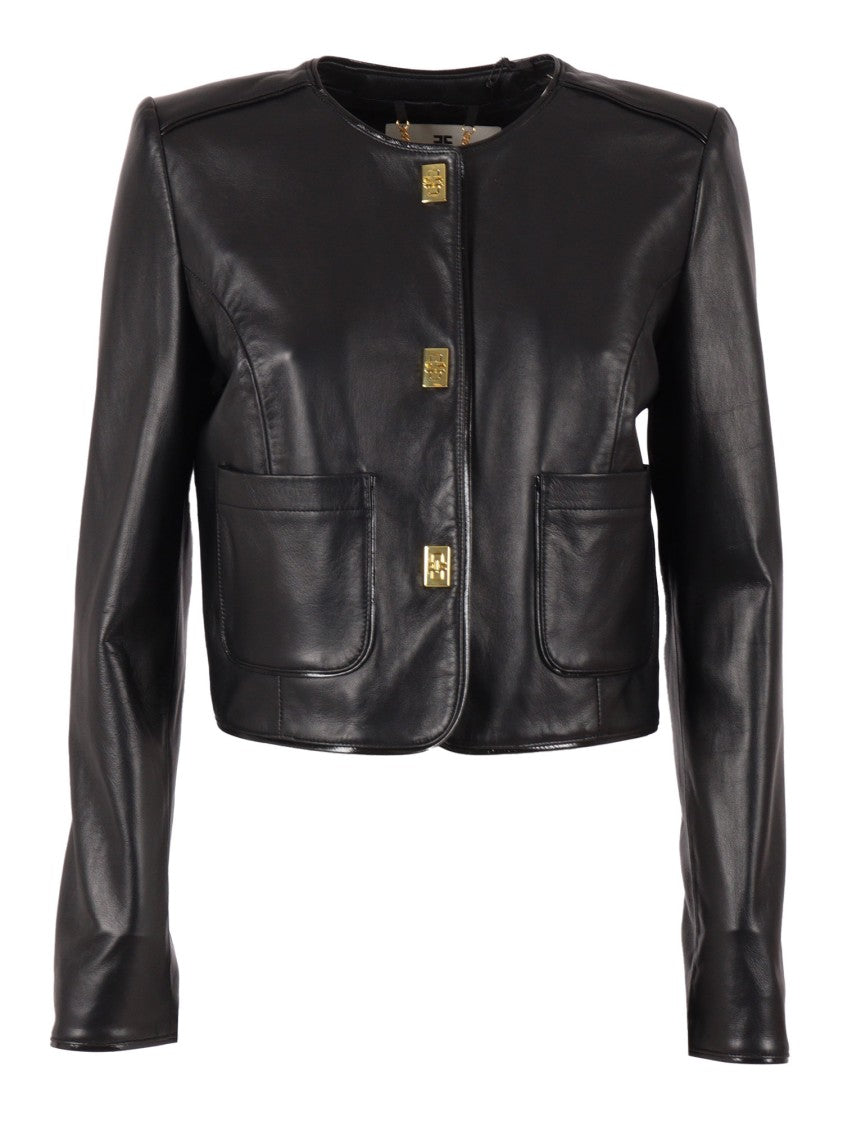 Elisabetta Franchi Cropped Sheepskin Jacket With Gold-Tone Button Closures
