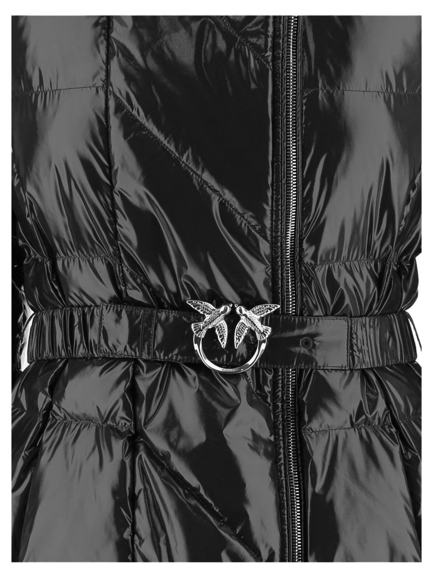 Pinko Glossy Quilted Puffer Coat With Decorative Buckle And Hood